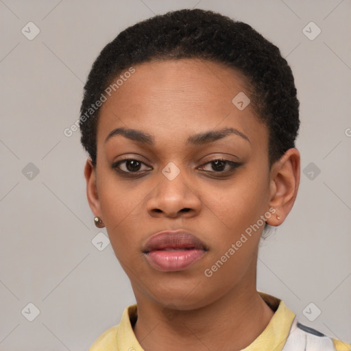 Neutral black young-adult female with short  black hair and brown eyes