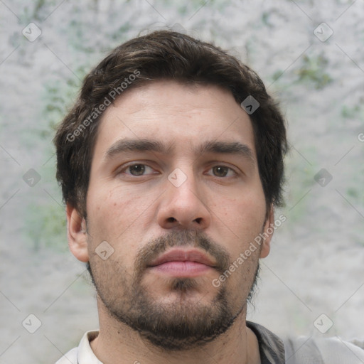 Neutral white young-adult male with short  brown hair and brown eyes