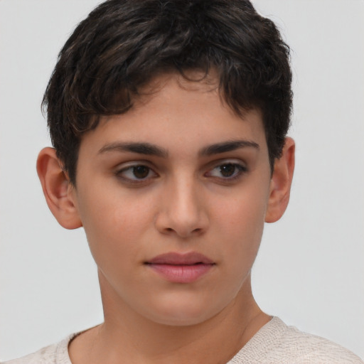 Neutral white young-adult female with short  brown hair and brown eyes