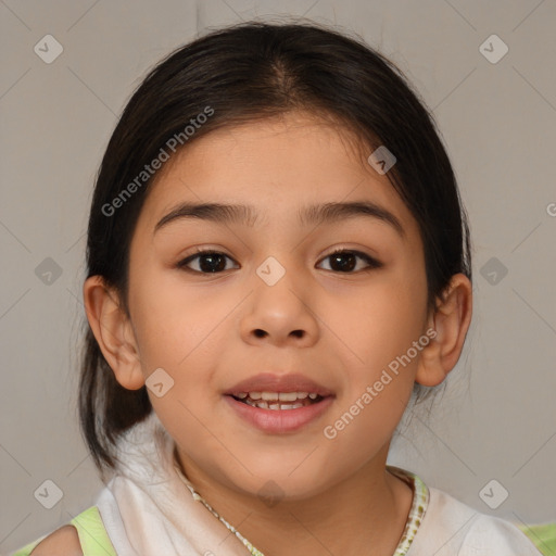 Joyful white child female with medium  brown hair and brown eyes