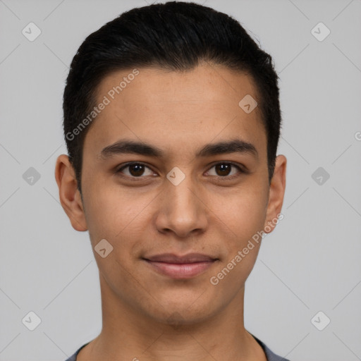 Joyful latino young-adult male with short  black hair and brown eyes