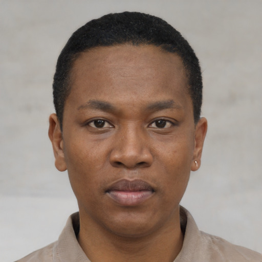 Neutral black young-adult male with short  black hair and brown eyes