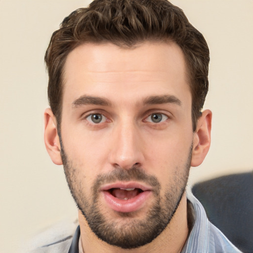 Neutral white young-adult male with short  brown hair and brown eyes