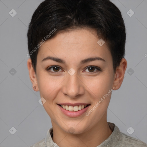 Joyful white young-adult female with short  brown hair and brown eyes