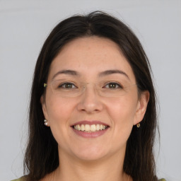 Joyful white adult female with medium  brown hair and brown eyes