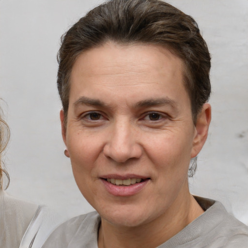 Joyful white adult male with medium  brown hair and brown eyes