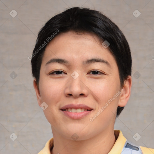 Joyful asian young-adult female with short  brown hair and brown eyes