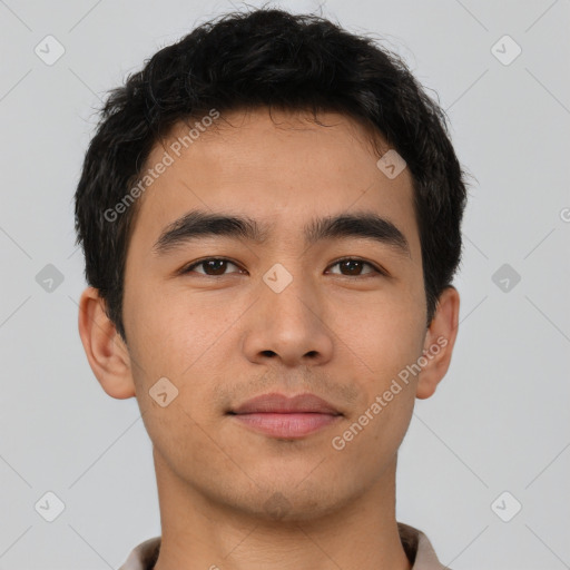 Neutral asian young-adult male with short  brown hair and brown eyes