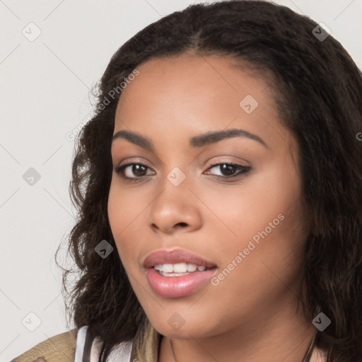 Joyful latino young-adult female with long  brown hair and brown eyes