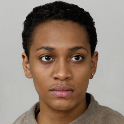 Neutral black young-adult female with short  black hair and brown eyes