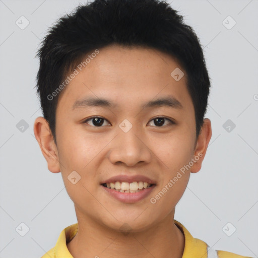 Joyful asian young-adult male with short  brown hair and brown eyes