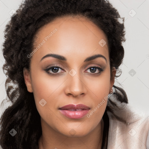 Joyful latino young-adult female with long  brown hair and brown eyes