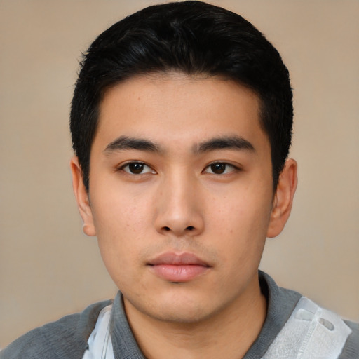 Neutral asian young-adult male with short  black hair and brown eyes