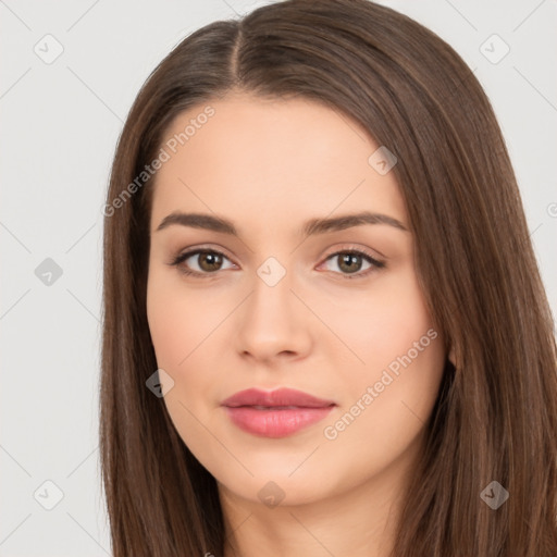 Neutral white young-adult female with long  brown hair and brown eyes