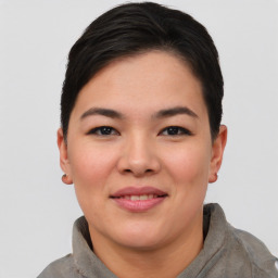 Joyful asian young-adult female with short  brown hair and brown eyes