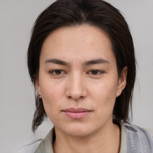 Neutral asian young-adult female with medium  brown hair and brown eyes