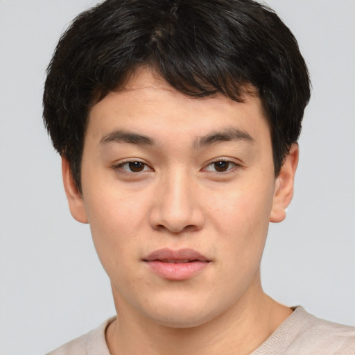 Neutral asian young-adult male with short  brown hair and brown eyes