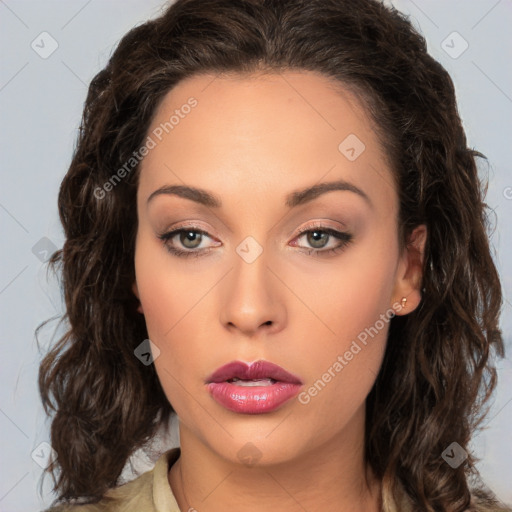 Neutral white young-adult female with medium  brown hair and brown eyes