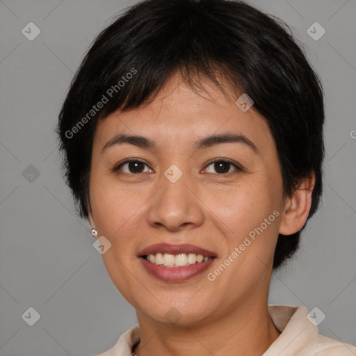 Joyful white young-adult female with medium  brown hair and brown eyes