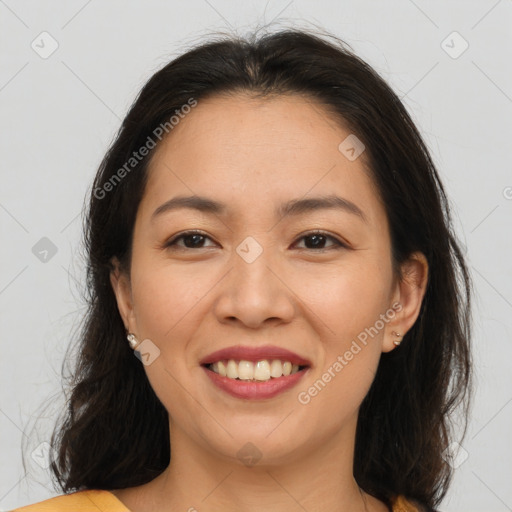 Joyful white young-adult female with medium  brown hair and brown eyes