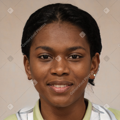 Joyful latino young-adult female with short  black hair and brown eyes