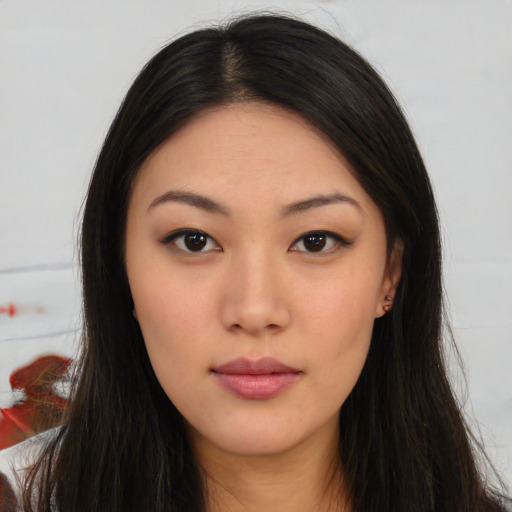 Neutral asian young-adult female with long  brown hair and brown eyes