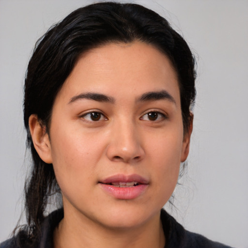 Neutral white young-adult female with medium  black hair and brown eyes