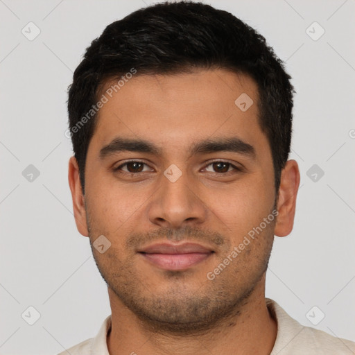 Neutral latino young-adult male with short  black hair and brown eyes