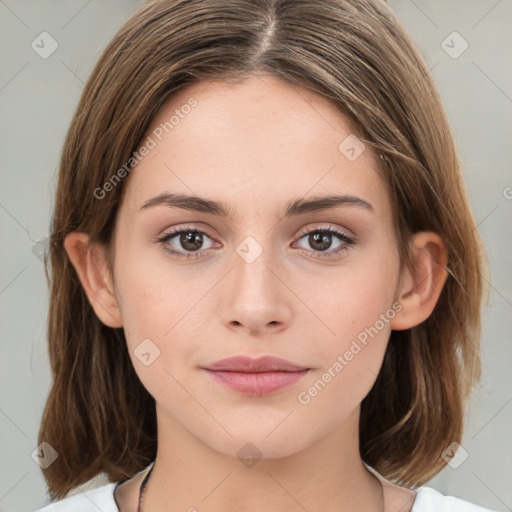 Neutral white young-adult female with medium  brown hair and brown eyes