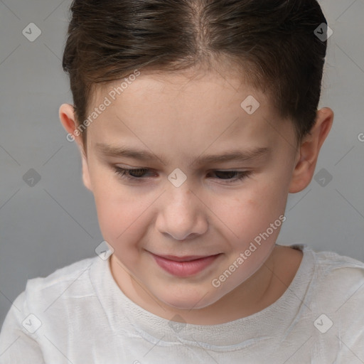 Joyful white child female with short  brown hair and brown eyes