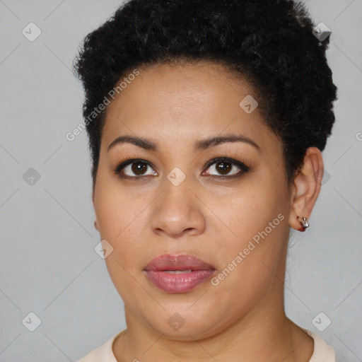 Joyful latino young-adult female with short  brown hair and brown eyes