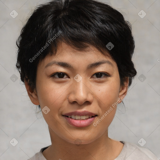 Joyful asian young-adult female with short  brown hair and brown eyes