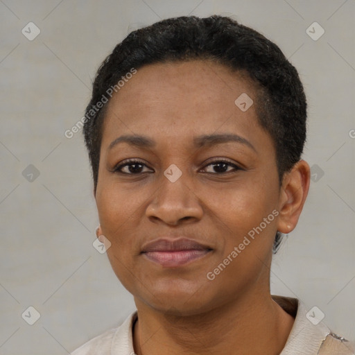 Joyful black young-adult female with short  black hair and brown eyes