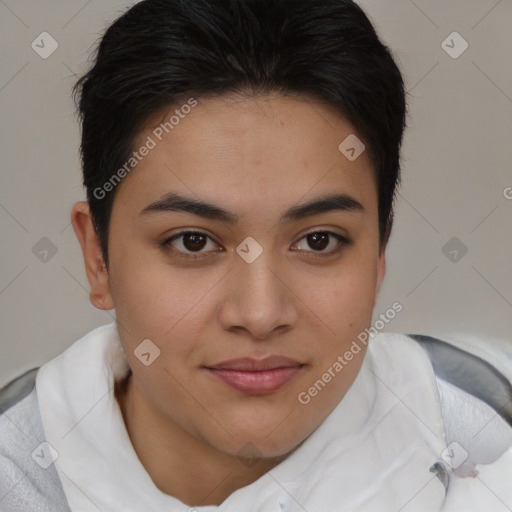 Joyful asian young-adult female with short  brown hair and brown eyes