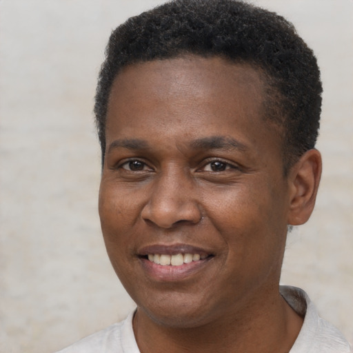 Joyful black adult male with short  brown hair and brown eyes