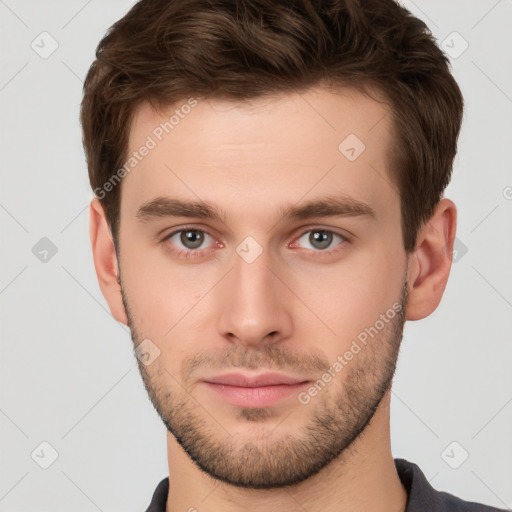 Neutral white young-adult male with short  brown hair and brown eyes