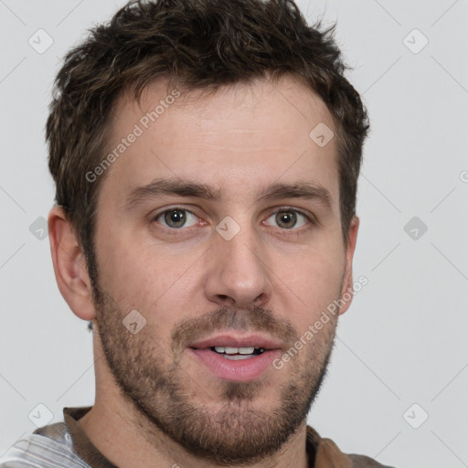 Neutral white young-adult male with short  brown hair and grey eyes