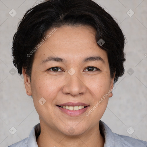 Joyful white adult female with short  brown hair and brown eyes