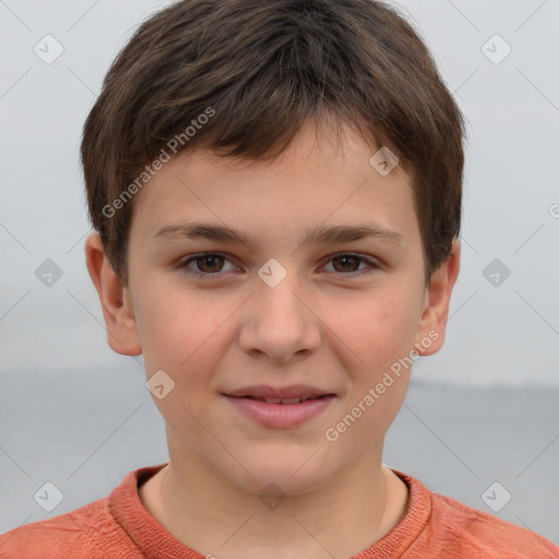 Joyful white child male with short  brown hair and brown eyes