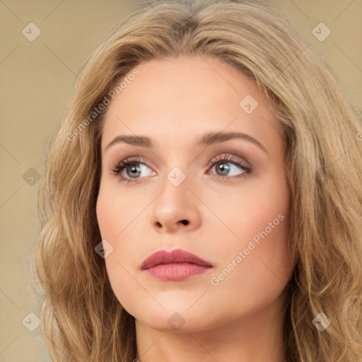 Neutral white young-adult female with long  brown hair and green eyes