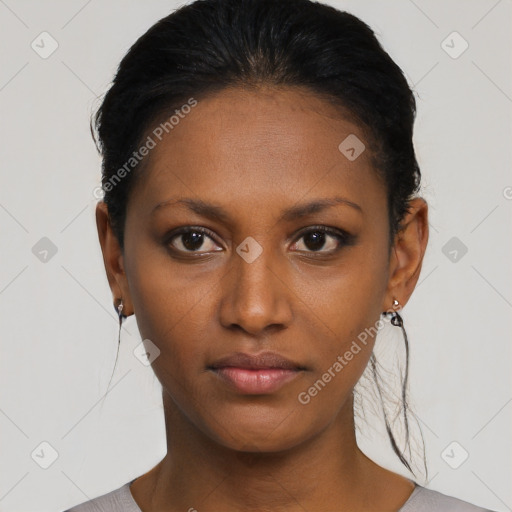 Neutral black young-adult female with short  black hair and brown eyes