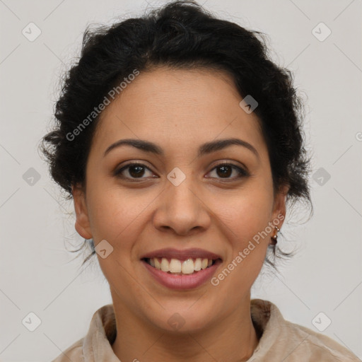 Joyful latino young-adult female with short  brown hair and brown eyes