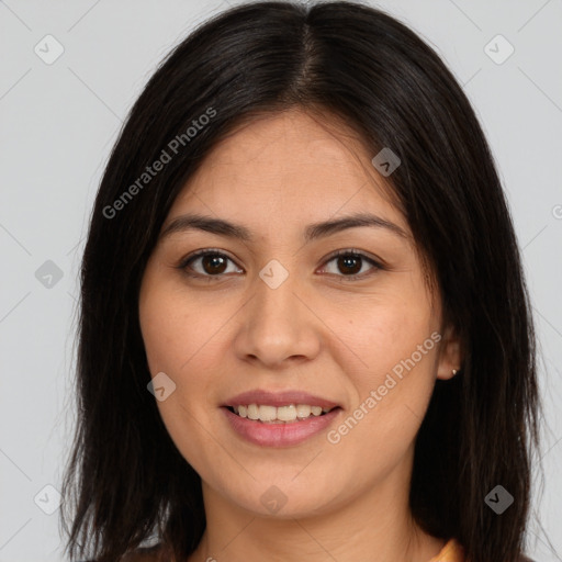 Joyful white young-adult female with long  brown hair and brown eyes