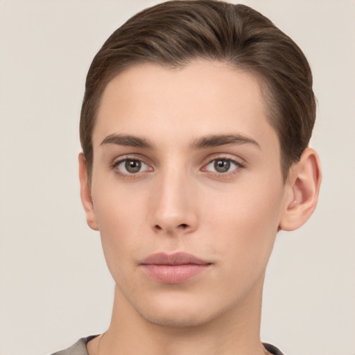 Neutral white young-adult male with short  brown hair and brown eyes