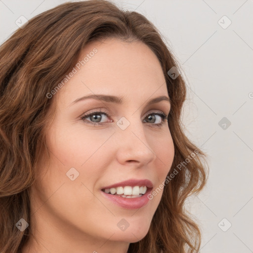 Joyful white young-adult female with long  brown hair and blue eyes