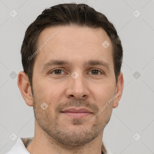 Neutral white adult male with short  brown hair and brown eyes