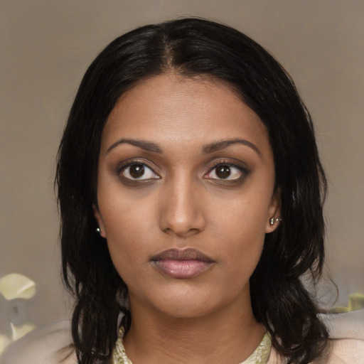 Neutral asian young-adult female with medium  black hair and brown eyes