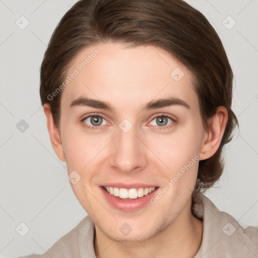 Joyful white young-adult female with medium  brown hair and grey eyes