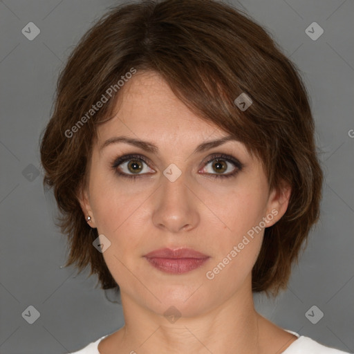 Neutral white young-adult female with medium  brown hair and brown eyes