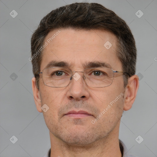 Neutral white adult male with short  brown hair and brown eyes